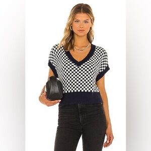 Free People Navy and White Checkered Sweater